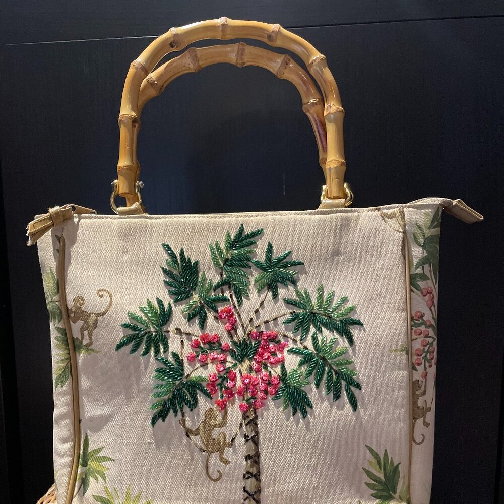 Going Bananas Palm Tree, embroidered canvas tropical handbag